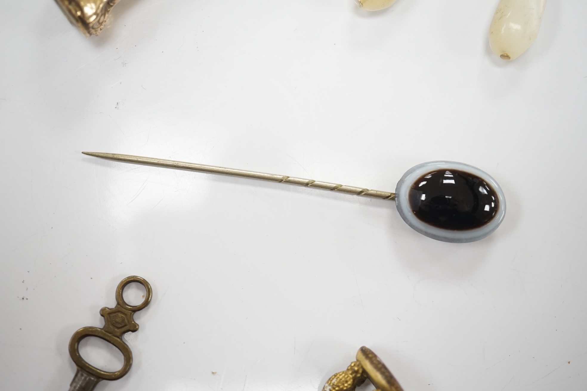 Assorted jewellery including a George V 9ct gold mounted cigar cutter, stick pin and propelling pencil and two gentleman's wrist watches, Tissot and Mickey Mouse. Condition - poor to fair